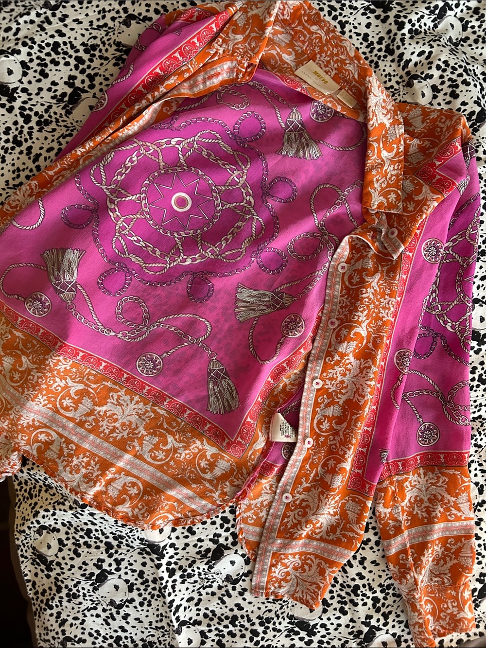 Anthropologie Pink and Orange Silk Scarf-Print Button-Up Blouse